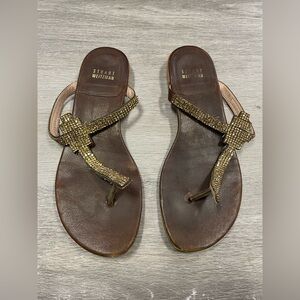 Stuart Weitzman Thong T-Strap Brown Sandals Crystals Women’s Size 6.5